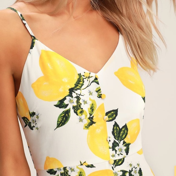 Lulus Afternoon Air Yellow Lemon Print High Low MIDI  Dress - Picture 3 of 12